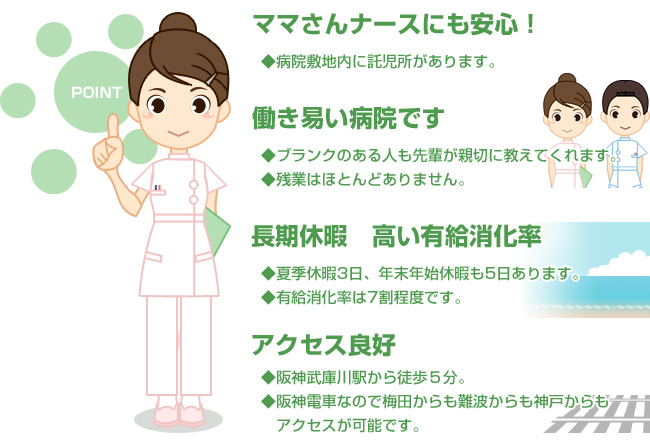 「ママさんナースにも安心！」・病院敷地内に託児所があります。「働き易い病院です」・ブランクのある人も先輩が親切に教えてくれます。 ・残業はほとんどありません。「アクセス良好」・阪神武庫川駅から徒歩５分。・阪神電車なので梅田からも難波からも神戸からもアクセスが可能です。